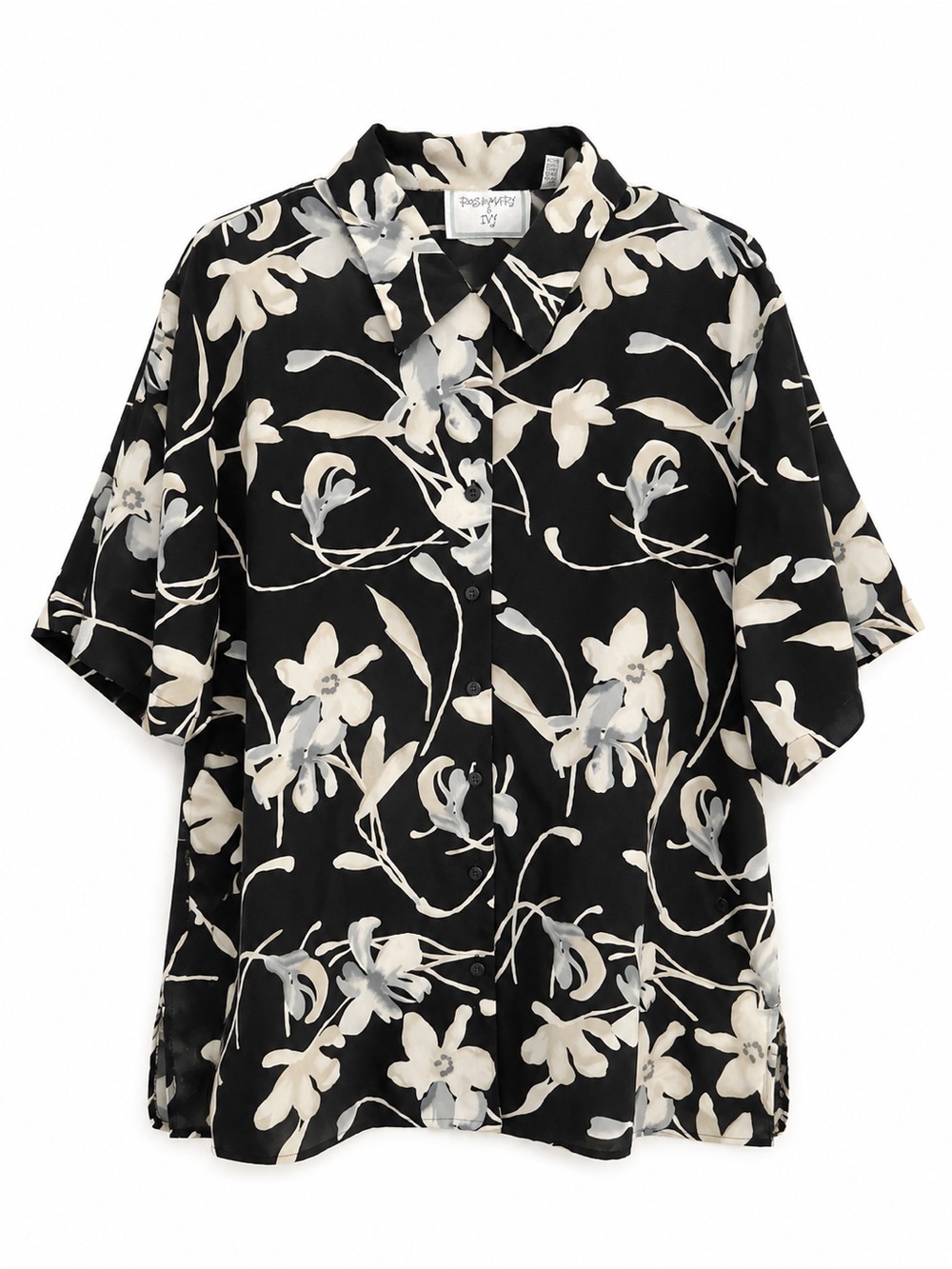Black White Floral Print Oversized Camp Collar Shirt Size 2X